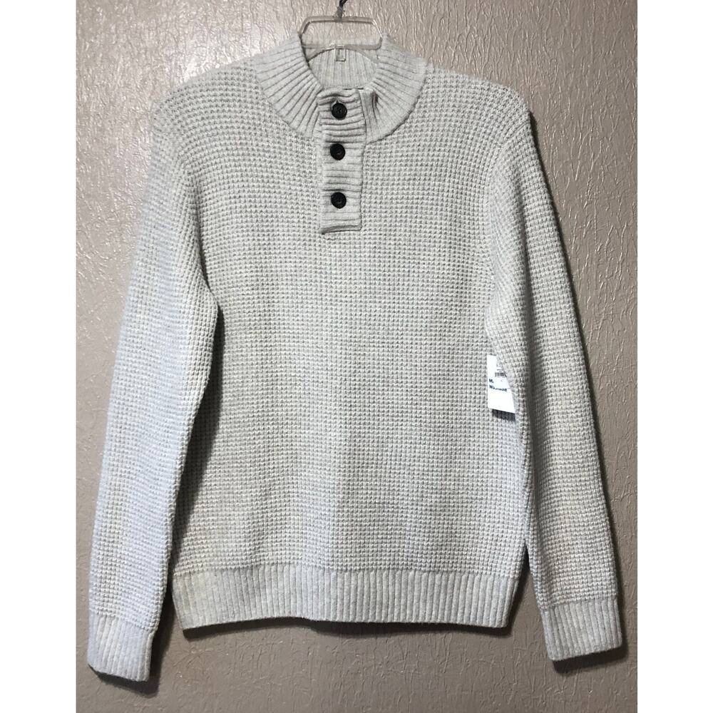 Old Navy Men’s Mock Neck Military Henley Waffle Sweater Pullover Beige Large New